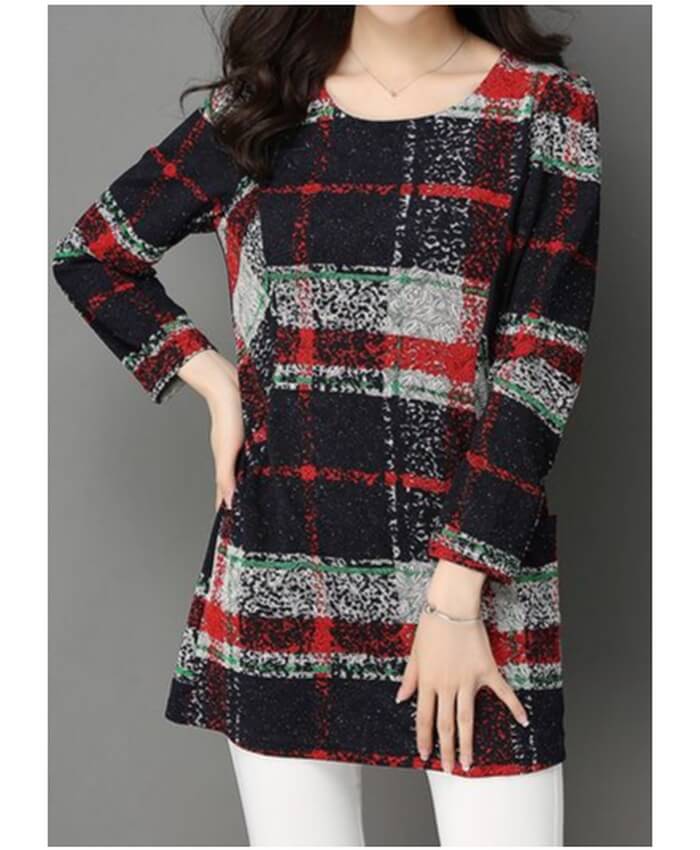 Long Sleeve Printed Pocket Round Neck Navy Blouse